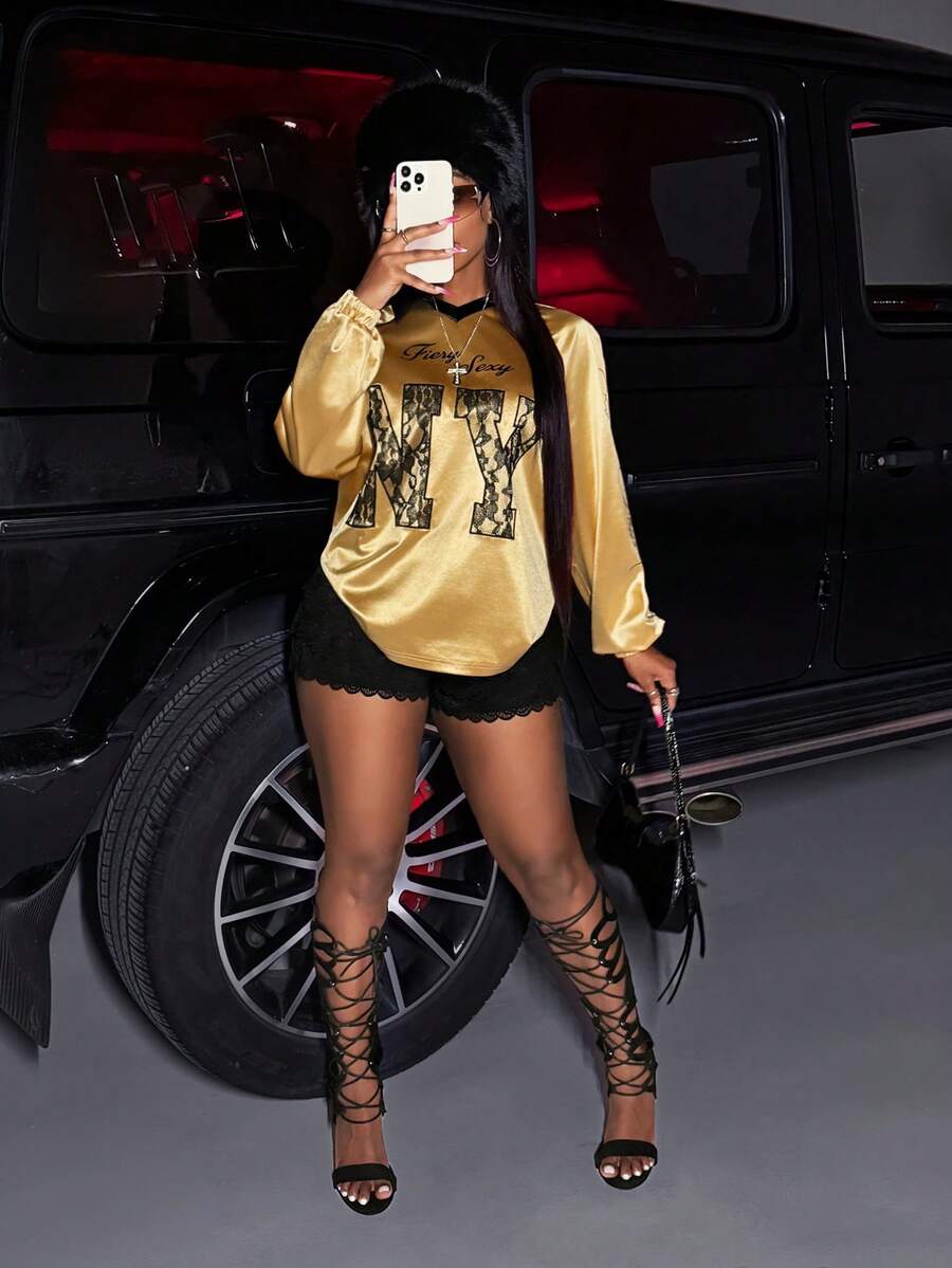 Slaydiva Black And Gold Autumn Streetwear Night Out Women's Loose Letter Print Long Sleeve T-Shirt,Western Music Festival Holiday Nomadic Casual Fancy Top - Yellow - View 1