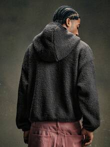 EASEVO Plus Size Men's Geometric Embroidery Long Sleeve Zip-Up Sherpa Hoodie - Dark Grey - View 3