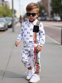 2pcs Baby Boys' Casual Daily Fashion Letter All-Over Print Polo Collar Half-Zip Long Sleeve T-Shirt And Straight Leg Pants Set, Suitable For Outings And Home Wear In Autumn/Winter - Multicolor - View 3