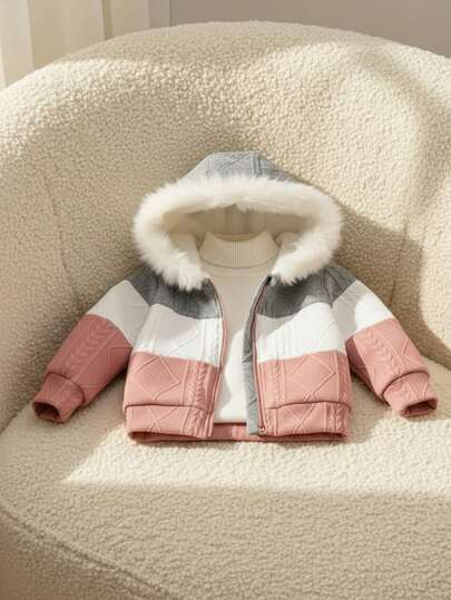 SHEIN 女小童1入組撞色毛茸邊連帽夾克