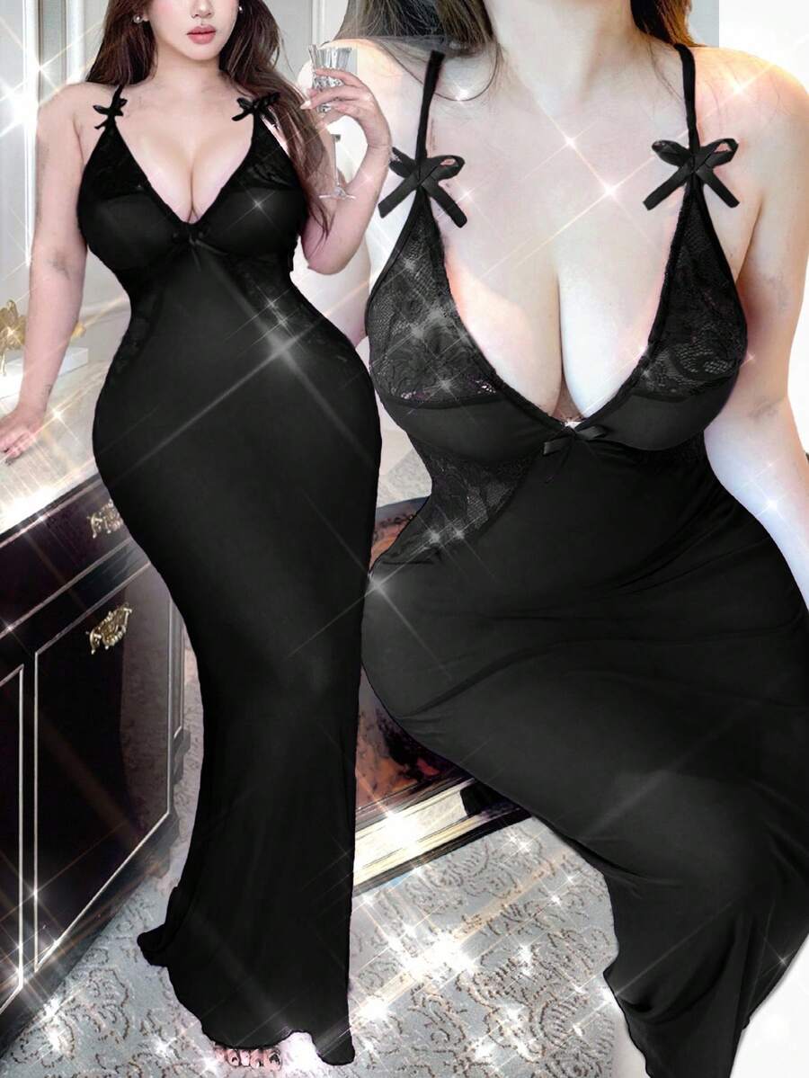 Flirla 加大码性感紧身连衣裙，V领，蕾丝拼接，蝴蝶结装饰，蝙蝠袖，修身收腰 - 黑色 - 查看 1