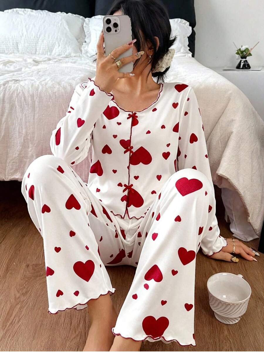 Bộ đồ ngủ tay dài in hình trái tim và nơ cho bé gái tuổi teen - Nhiều màu - Xem 1