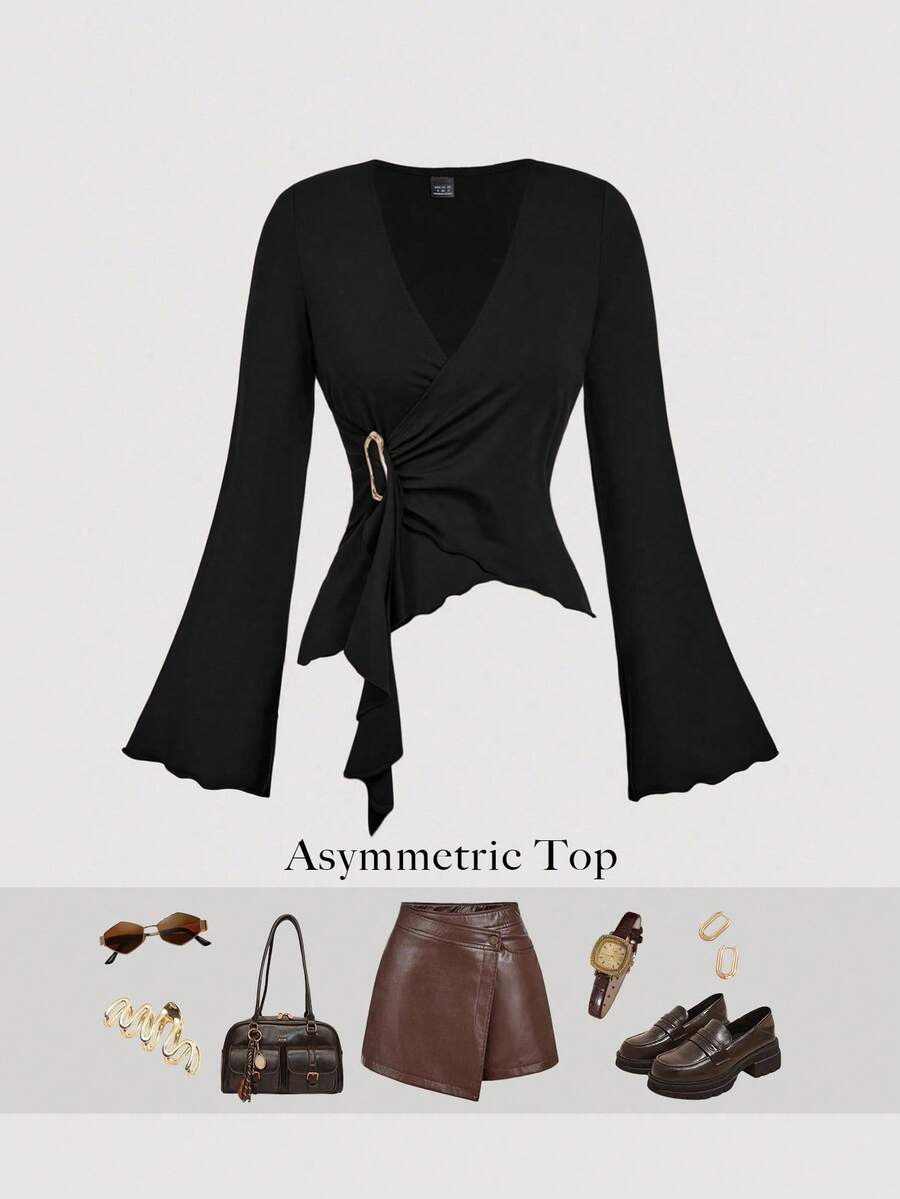 SHEIN MOD Damska koszulka w jednolitym kolorze z kopertowym dekoltem, rozszerzanymi rękawami i marszczeniami w talii oraz asymetrycznym dołem i falbanką