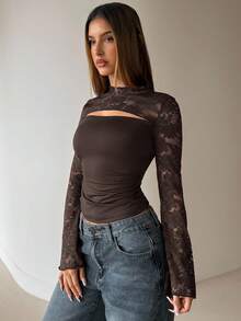 Aloruh Brown Lace Patchwork Hollow Out Flare Sleeve Women T-Shirt - Brown - View 5