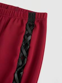 ROMWE Goth Women's Retro Elegant Daydreamer Ruffle Contrast Lace Trim Flare Pants - Burgundy - View 5