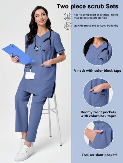 Scrubzie 2pcs Anti-Wrinkle Women's Loose V-Neck Contrast Color Long Top And Pants Scrub Uniform Set