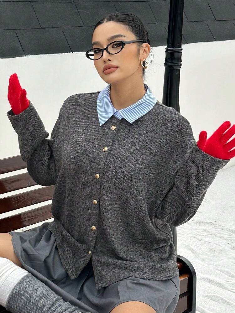 Dazy Plus Fashionable Casual Color Block Splicing Shirt Collar Loose Versatile Plus Size Women T-Shirt, Spring/Autumn Long Sleeve Women
