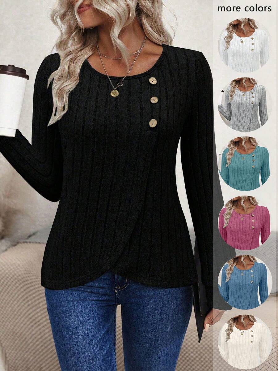 SHEIN LUNE Pull-over femme à manches longues, en tricot moelleux, couleur unie, avec ourlet peplum, décontracté. Nouveau pour l'automne/hiver - Noir - Voir 1
