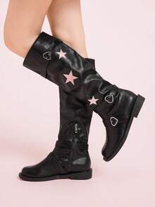 CUCCOO DOLLMOD Women's Mid-Calf Boots With Star & Heart Buckle Decor, Cute & Versatile - Black - View 5