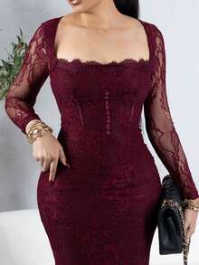 Melissa Matos Vestido maxi de Body ceñido con escote redondo, manga larga, estilo corpiño y detalles de encaje, color negro, para mujer, nuevo para otoño/invierno, adecuado para fiestas, citas nocturnas o eventos de noche - Burdeos - Ver 3