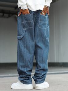 Manfinity Hypemode 男士休闲竖条纹多口袋牛仔裤，街头时尚 - 中等水洗藍 - 查看 2