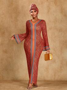 Brilight Women's Tropical Elegant Positioning Print V-Neck Long Sleeve Slim Dress, Suitable For Gatherings And Parties, South African Pattern, South African Traditional Clothing, Autumn Dress, Women's Dress, Elegant Party Dress