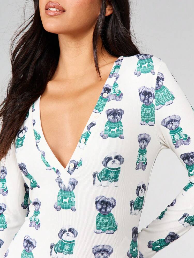 MISSGUIDED かわいい犬プリント ロングスリーブ ロンパース ディープVネック ルームウェアとカジュアルウェアに
