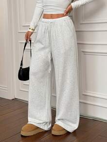 SHEIN PETITE Contrast Color Waistband Drawstring Pockets Casual Wide Leg Baggy Sweatpants,Fall,Fall Clothes For Women,Winter Clothes For Women - Grey - View 7