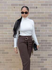 Melissa Matos Pantalones de cintura alta de unicolor para mujer - Café integral - Ver 4