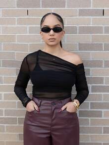 Melissa Matos Women's Asymmetric Neckline Ruched Sheer Mesh Tight T-Shirt - Black - View 3