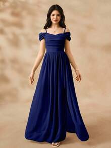 少女绿色雪纺独特吊带连衣裙，优雅开衩度假裙，适合夏季海滩穿着 - 藏蓝色 - 查看 4