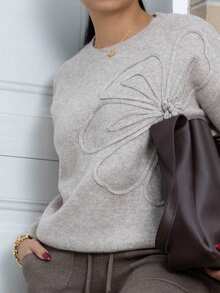 Melissa Matos Women Crew Neck Floral Pattern Solid Color Pullover Sweater Knit Pullover Fall Winter Outfit - Khaki - View 4