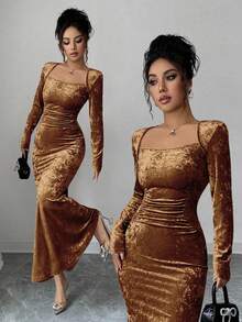 Elenzga Váy ôm body co giãn nhung vàng cổ lọ thời trang thu đông cho nữ, váy midi nhún eo thanh lịch viền đuôi cá cho đi làm và những dịp trang trọng - màu nâu - Xem 1