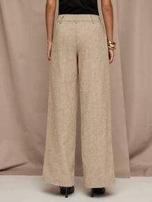 SHEIN BAE 女式纯色休闲直筒裤，带口袋 - 杏色 - 查看 2