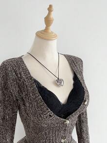 Elamini Áo khoác cardigan dáng ôm, tay dài, cài khuy đơn dành cho nữ, Thu/Đông - màu nâu - Xem 3