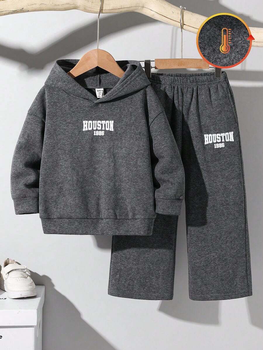 2pcs Young Boy Korean Style Snowflake Hoodie Sweatshirt & Elastic Waist Sweatpants Set For Back-To-School,Career Day,Autumn Winter Birthday Party - Grey - View 1