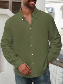 Manfinity Homme Camisa casual de diseño minimalista con botones delanteros, manga larga y hombros rectos, para hombres de talla grande dunicolordo - Verde militar - Ver 4