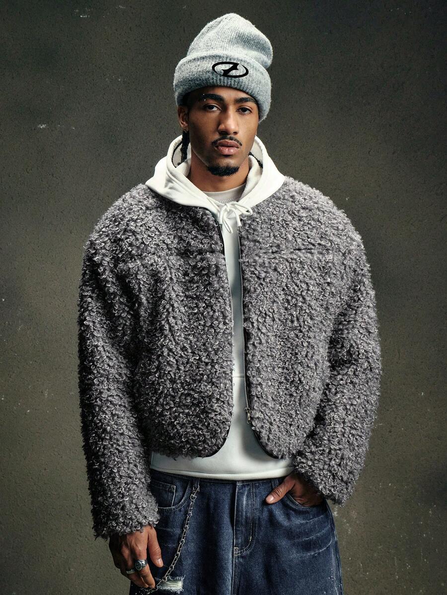 AXEPEAK 男士长袖休闲通勤字母刺绣仿皮草外套，秋冬款 - 灰色 - 查看 1