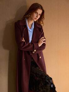 PREMIUM WOOL BLEND LAPEL COLLAR BELTED OVERCOAT - Burgundy - View 5