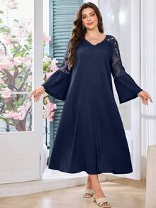 Modelyn Plus Size V-Neck Lace Patchwork Ruffle Hem Loose Long Sleeve Casual Dress, Spring/Summer - Navy Blue - View 4