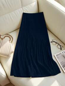 Franclia 新款褶裥拼接针织高腰显瘦A字中长半身裙，休闲女式毛衣裙 - 藏蓝色 - 查看 2