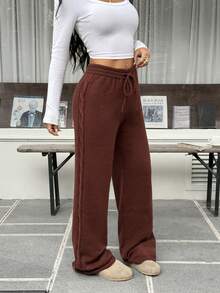 SHEIN EZwear Women's Autumn/Winter New Brown Cable Knit High Waist Loose Pants - Coffee Brown - View 4