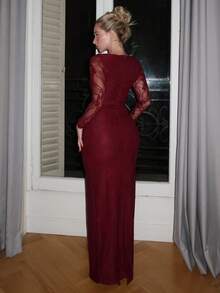 Turnttoni Women's Autumn/Winter New Party/Date Night/Evening Sexy S-Shape Lace Long Sleeve Bustier Corset Style Crew Neck Bodycon Maxi Dress, Black