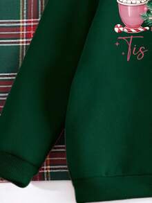 SHEIN 圣诞快乐少女时尚创意可爱圣诞老人、圣诞树、花环、拐杖糖、字母印花圆领卫衣，适合圣诞派对 - 綠色 - 查看 5