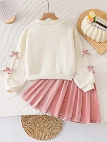 Genkimix Kids 春秋新款甜美蝴蝶装饰V领长袖开衫+手工褶皱丝绒迷你裙两件套，女童