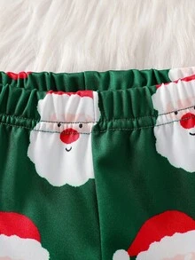 SHEIN 女婴圣诞休闲可爱卡通印花长袖套头卫衣和运动裤套装 - 綠色 - 查看 5