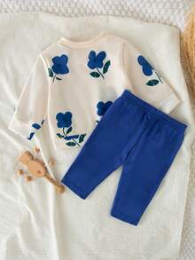 SHEIN 女婴秋季新款两件套，棕色碎花长袖圆领按扣上衣，休闲宽松长裤，复古时尚舒适百搭套装 - 藍色 - 查看 2