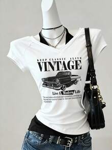 Attitoon Áo thun nữ tay ngắn cổ chữ V buộc dây phối màu tương phản, kiểu dáng retro, họa tiết xe hơi, thích hợp cho mùa hè. - trắng - Xem 2