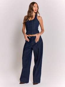 MUSERA Contrast Stitch Seam Detail Wide Leg Jeans Asymmetric Button Waist Denim Jeans Cool Girl Streetstyle Everyday Casual Fall Autumn Winter Spring Summer - Navy Blue - View 1