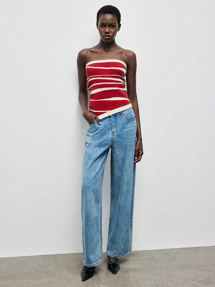 SHEIN Maija 여성용 비대칭 밑단 크리스 크로스 디자인 니트 튜브 탑, 도시 통근, 비즈니스, 캐주얼, 우아함, 크리스마스 및 새해에 적합