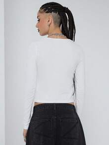 COUREZ 印花标语长袖修身T恤 / Y2K 春季派对印花T恤 女式街头风性感白色上衣 派对上衣 节日 - 米色 - 查看 3