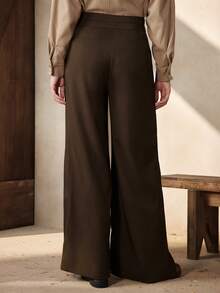 Zovinel Pantalones acampanados de cintura alta con doble botón y pliegues, elegantes y apropiados para uso diario, intelectual y urbano, adecuados para ocasiones de negocios, casuales y formales - Marrón - Ver 4