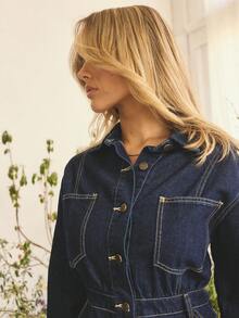 Aralina 夏季/冬季/秋季牛仔连体裤，金色细节，适合秋季乡村音乐会服装 Y2K 斯德哥尔摩风格街头服饰 - 深色水洗藍 - 查看 4