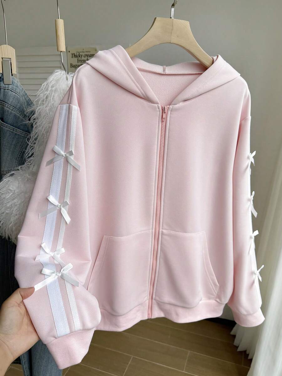 Comfortcana Plus Size Color Block Bow Decor Hooded Zip-Up Long Sleeve Sweatshirt/Winter - Pink - View 1