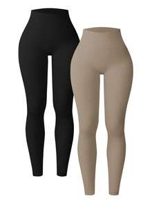 Easithlete Bộ 2 quần legging gân dành cho nữ - Quần tập yoga cạp cao kiểm soát bụng nâng mông eo thon dùng cho tập luyện thể thao chạy bộ đạp xe yoga bóng chày tập thể dục thường ngày - Nhiều màu - Xem 2