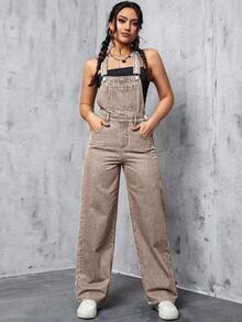 SHEIN EZwear Women's Summer Casual Slant Pocket Straight Leg Denim Bib Pants - Khaki - View 6