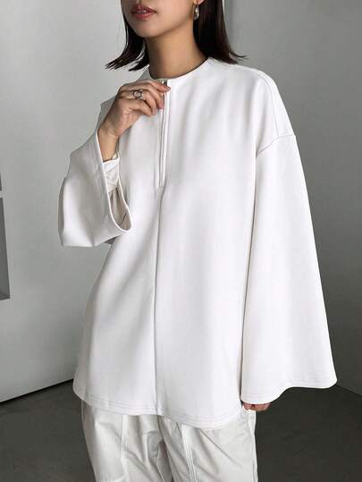 FRIFUL Women's Solid Color Front Zip Long Sleeve Casual T-Shirt