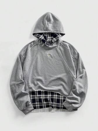 Prep Herren Lässiger Karomuster Patchwork Kapuzenpullover, Herbst, Langarm Oberteil