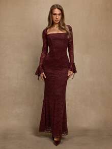 SHEIN BAE 优雅长袖性感蕾丝茄紫色美人鱼裙摆连衣裙，适合鸡尾酒会、浪漫约会、秋冬针织连衣裙、正式派对、婚礼、伴娘、晚礼服、万圣节、圣诞节等场合。 - 酒紅色 - 查看 5
