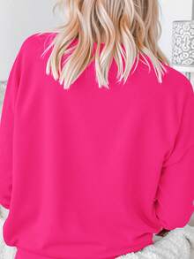 Flirla Women's Casual Oversized Letter Print Round Neck Sweatshirt, Summer - Hot Pink - View 2